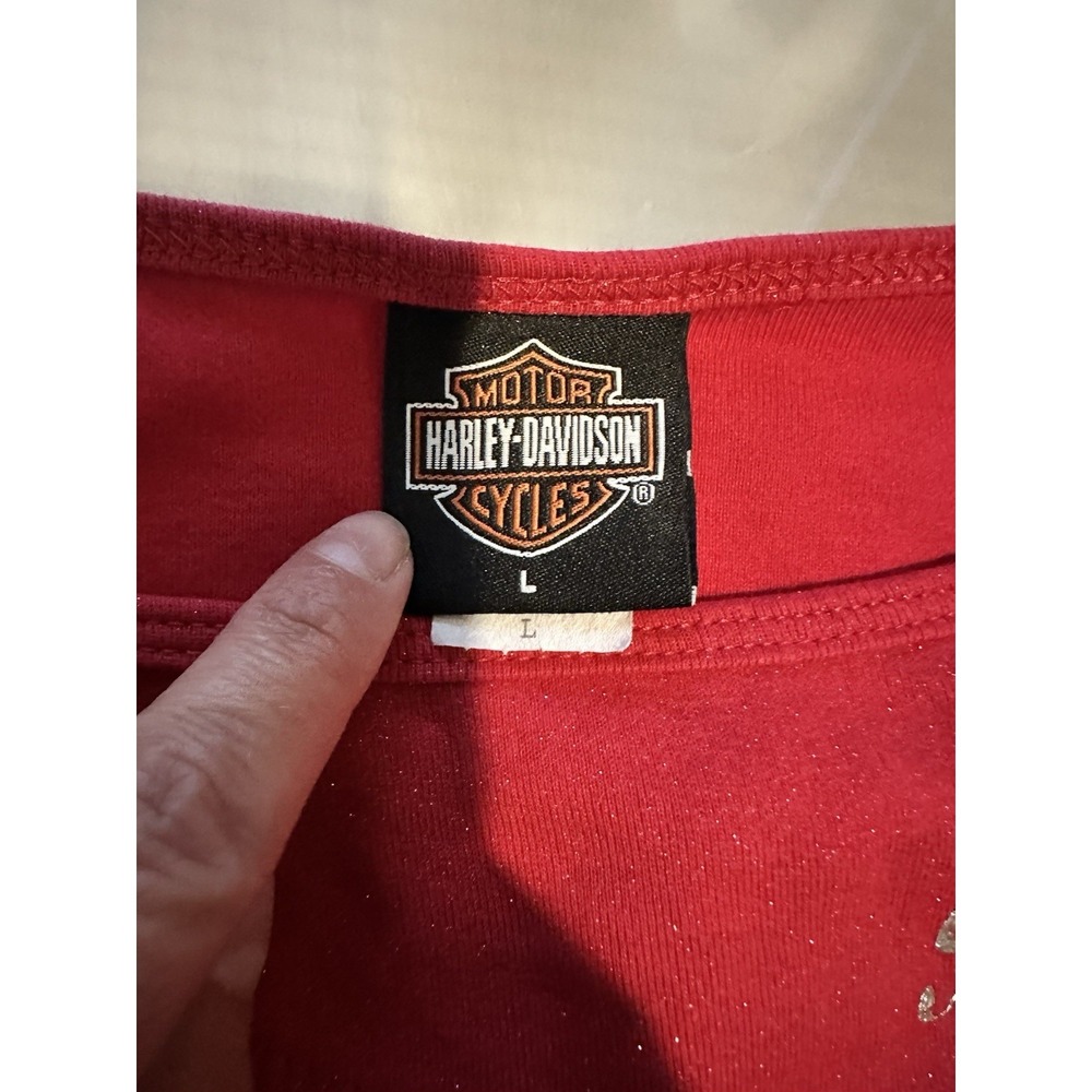 Harley Davidson Pig Trail Red Glitter Long Sleeve Shirt Womens L Vintage Y2K - Picture 6 of 7